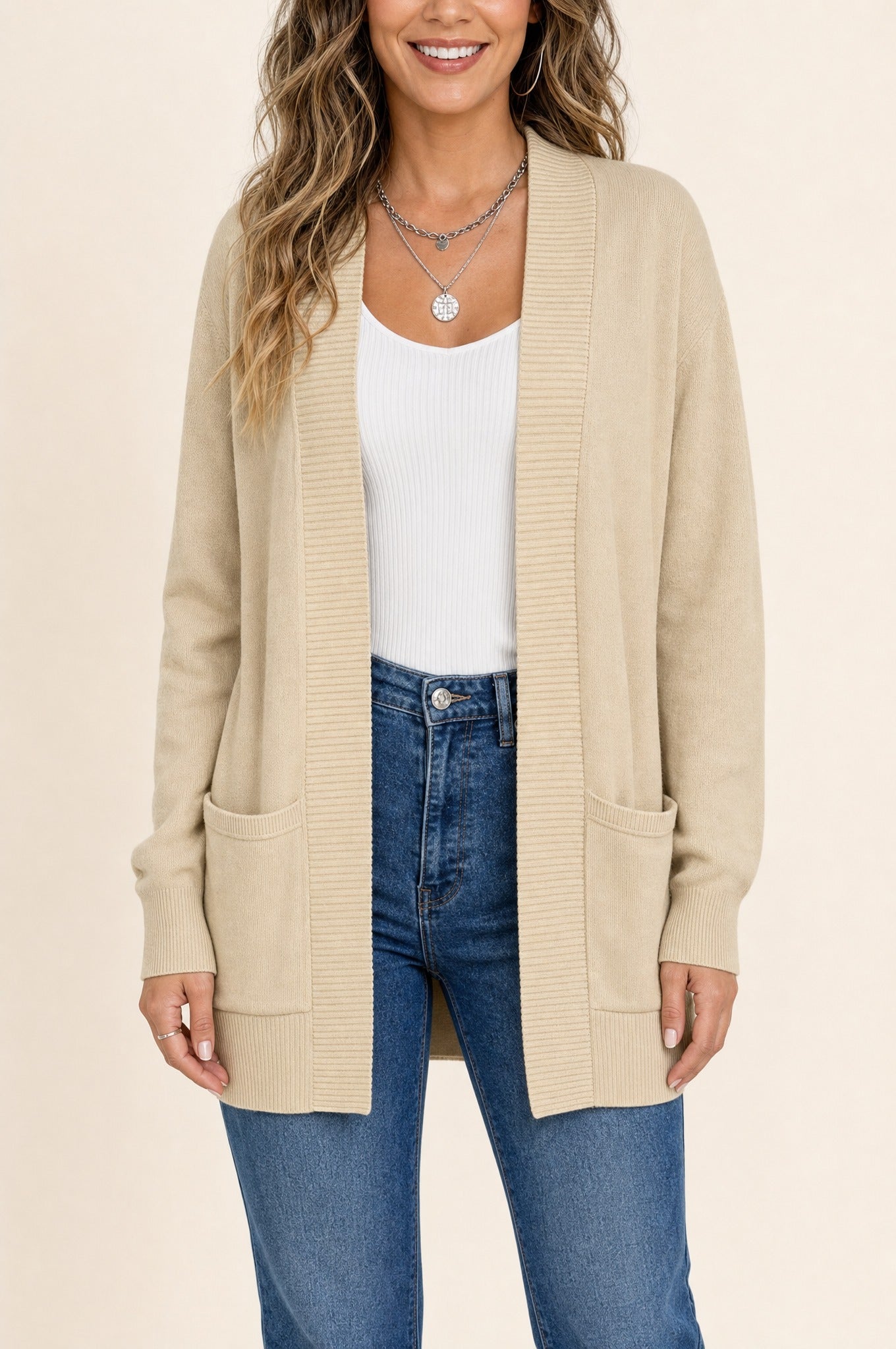 Anya Open Cardigan in tan, front variant view