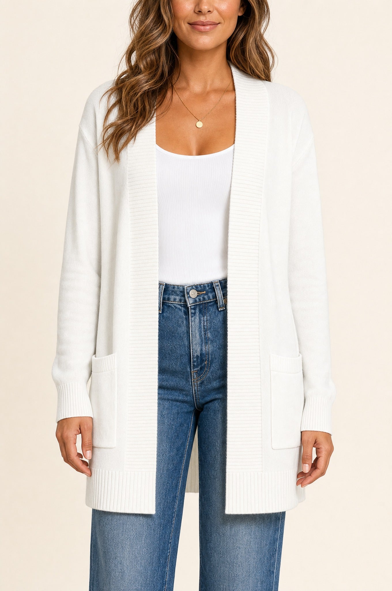Anya Open Cardigan in white, front variant view