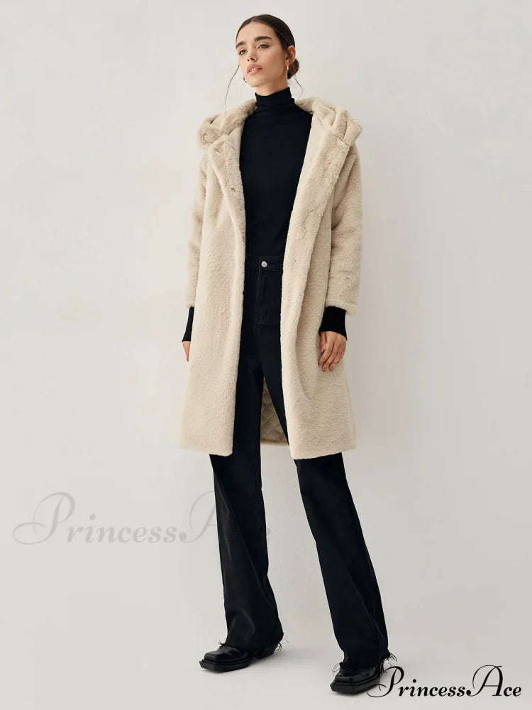 Apricot Faux Fur Trendy Hooded Longline Coat image 5