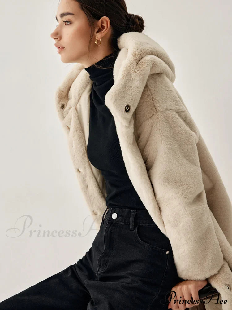 Apricot Faux Fur Trendy Hooded Longline Coat image 2