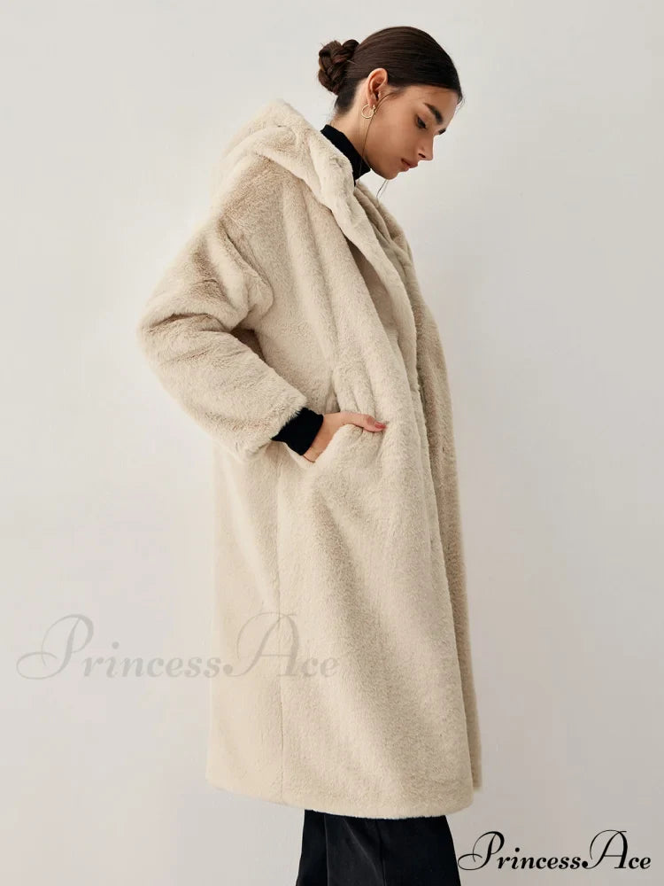 Apricot Faux Fur Trendy Hooded Longline Coat image 3