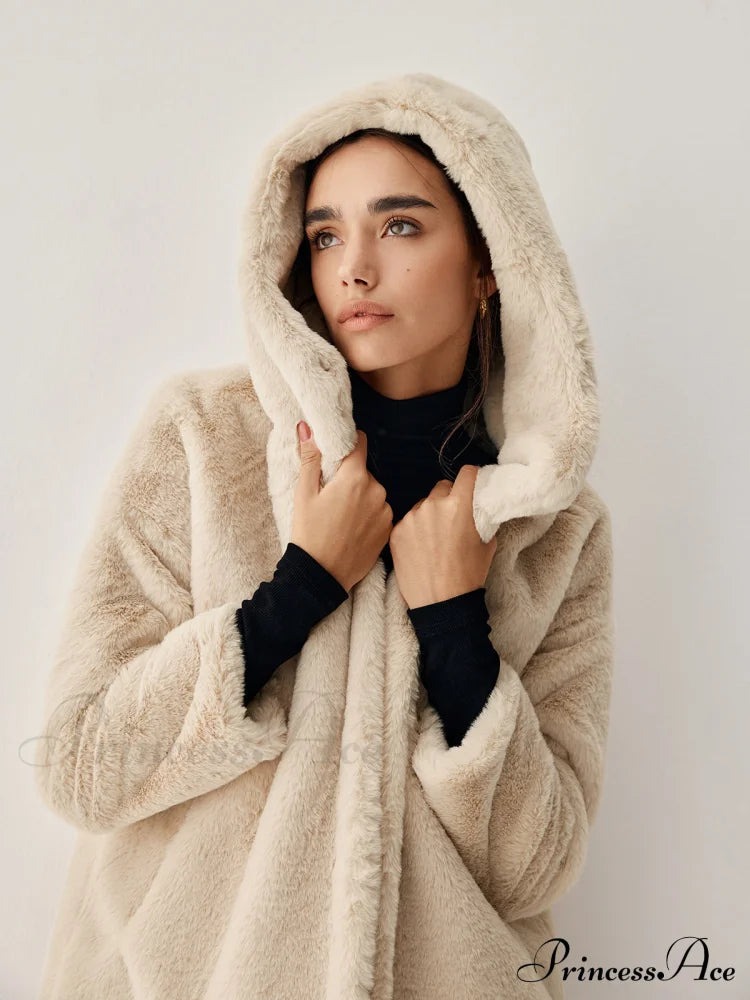 Apricot Faux Fur Trendy Hooded Longline Coat image 4