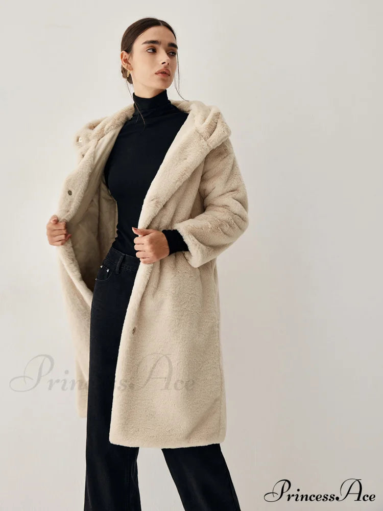 Apricot Faux Fur Trendy Hooded Longline Coat image 1
