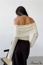 Apricot Off Shoulder Lace Knit Long Sleeve Tee image 4