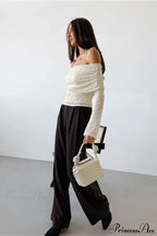 Apricot Off Shoulder Lace Knit Long Sleeve Tee image 3