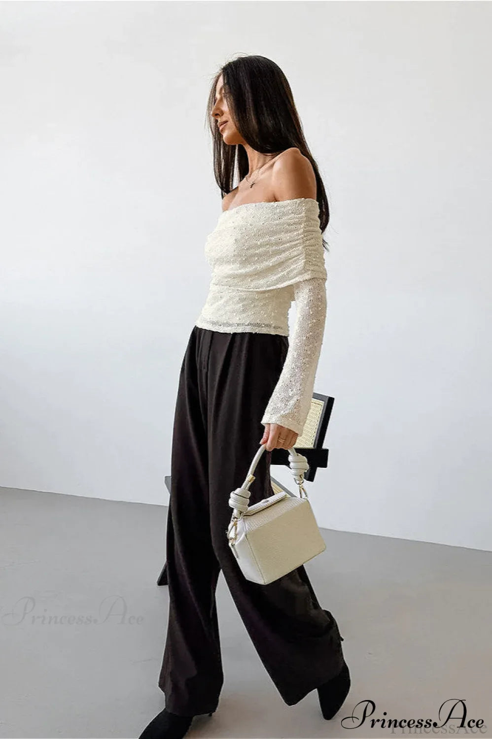 Apricot Off Shoulder Lace Knit Long Sleeve Tee image 3