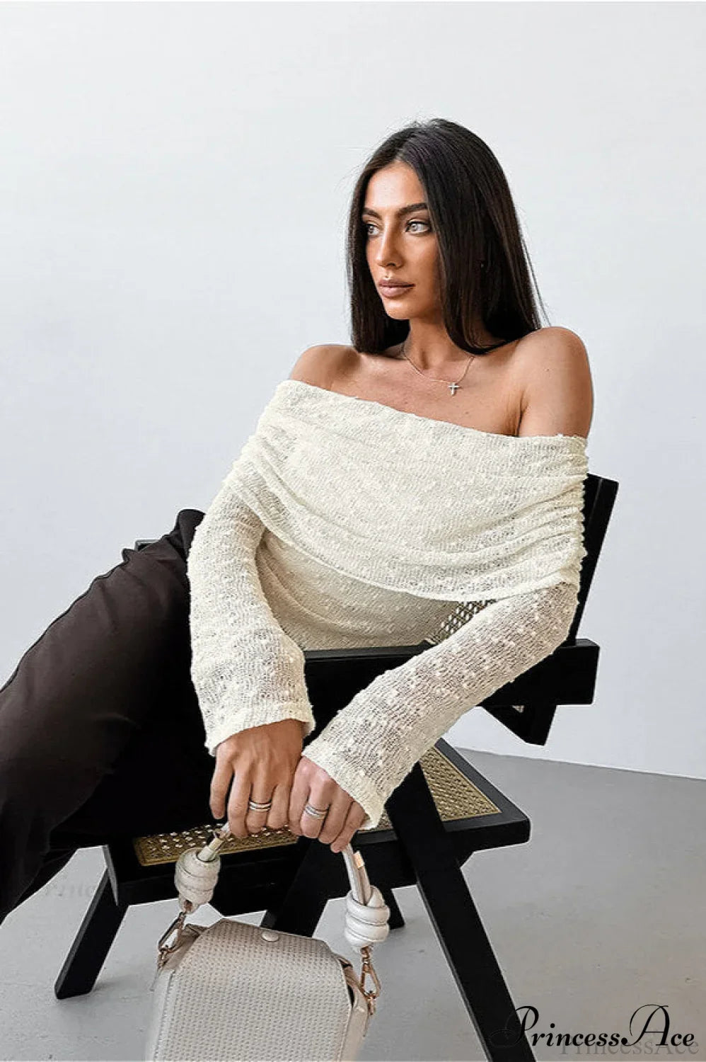 Apricot Off Shoulder Lace Knit Long Sleeve Tee image 2