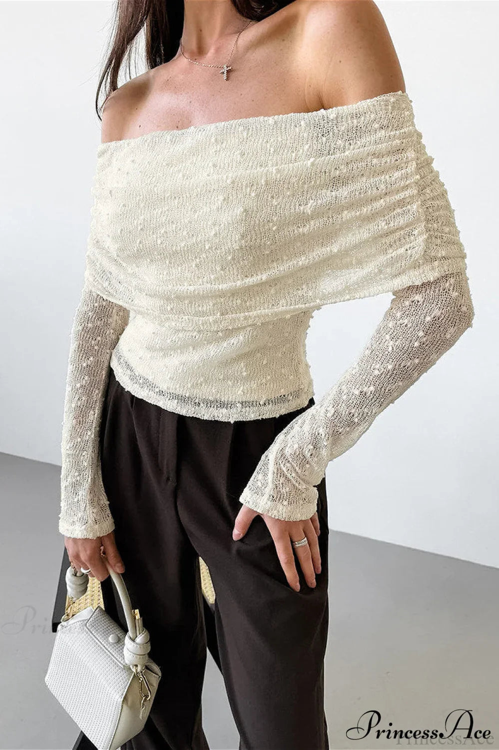 Apricot Off Shoulder Lace Knit Long Sleeve Tee image 1