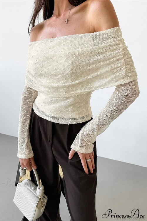 Apricot Off Shoulder Lace Knit Long Sleeve Tee image 1