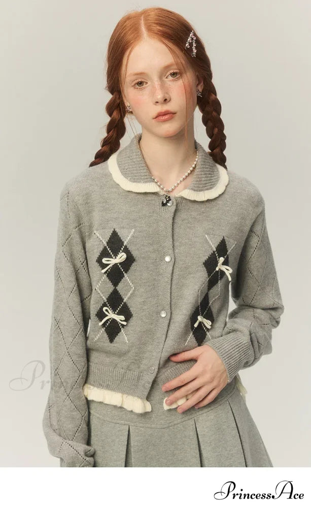 Argyle Collar Stylish Buttoned Knitted Cardigan image 1