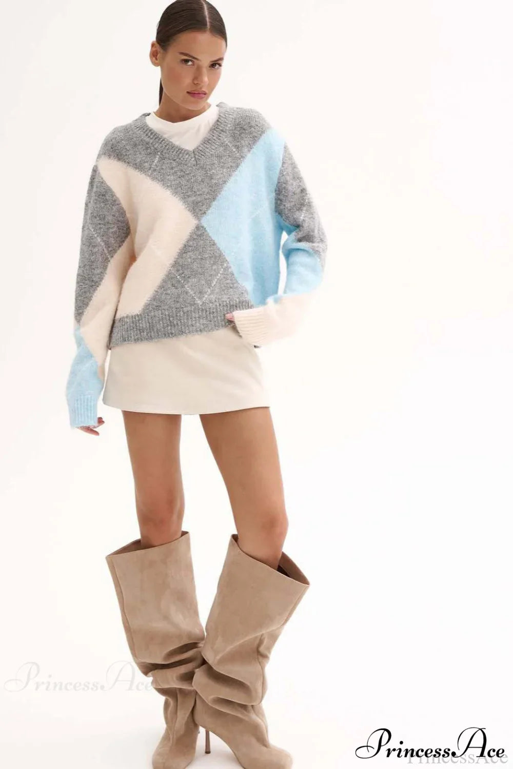 Argyle Pattern Crew Neck Pullover Long Sleeve Warm Sweater image 4