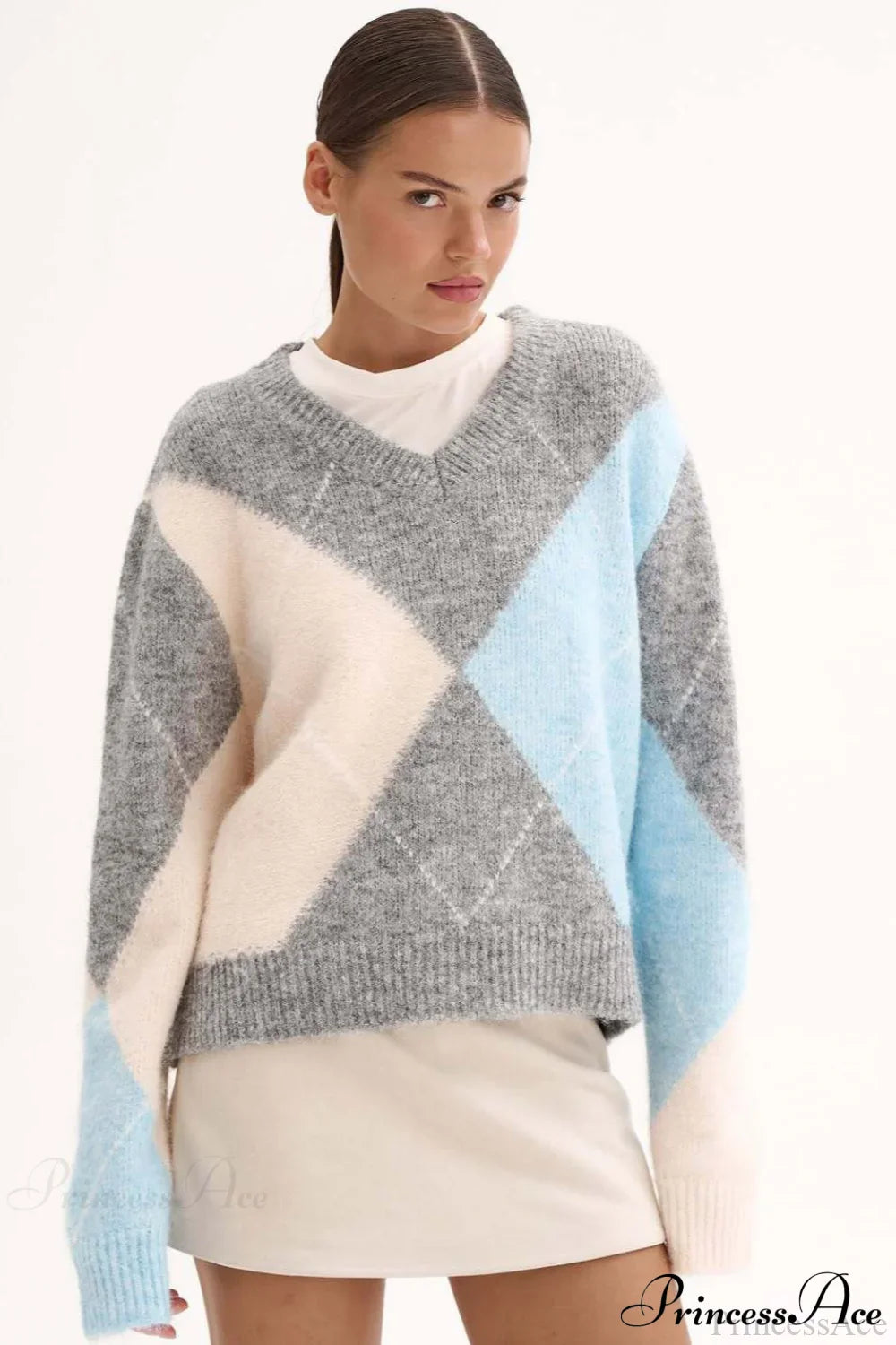 Argyle Pattern Crew Neck Pullover Long Sleeve Warm Sweater image 2
