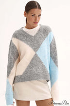 Argyle Pattern Crew Neck Pullover Long Sleeve Warm Sweater image 2