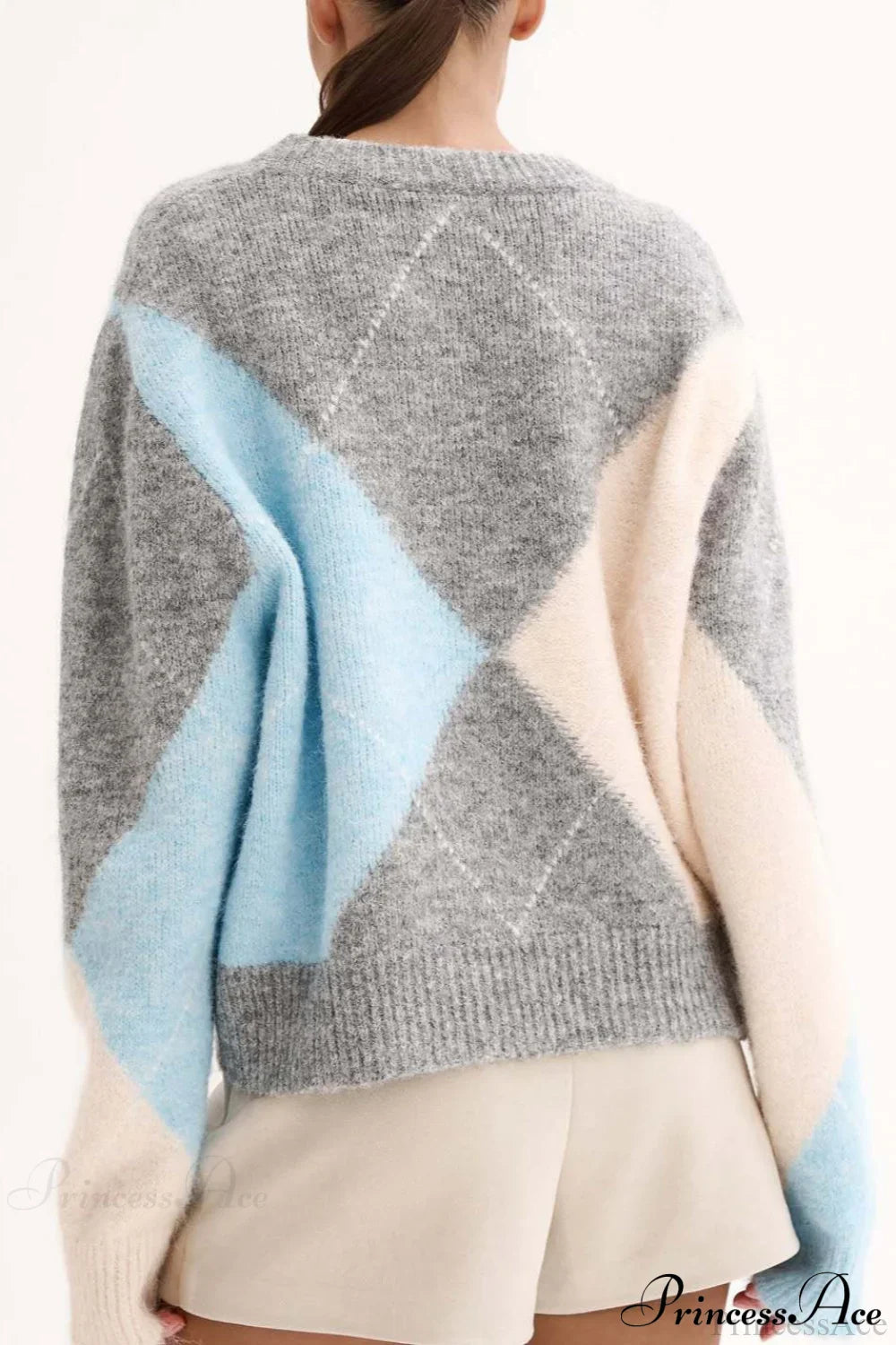 Argyle Pattern Crew Neck Pullover Long Sleeve Warm Sweater image 3