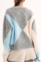 Argyle Pattern Crew Neck Pullover Long Sleeve Warm Sweater image 3