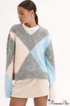 Argyle Pattern Crew Neck Pullover Long Sleeve Warm Sweater image 1