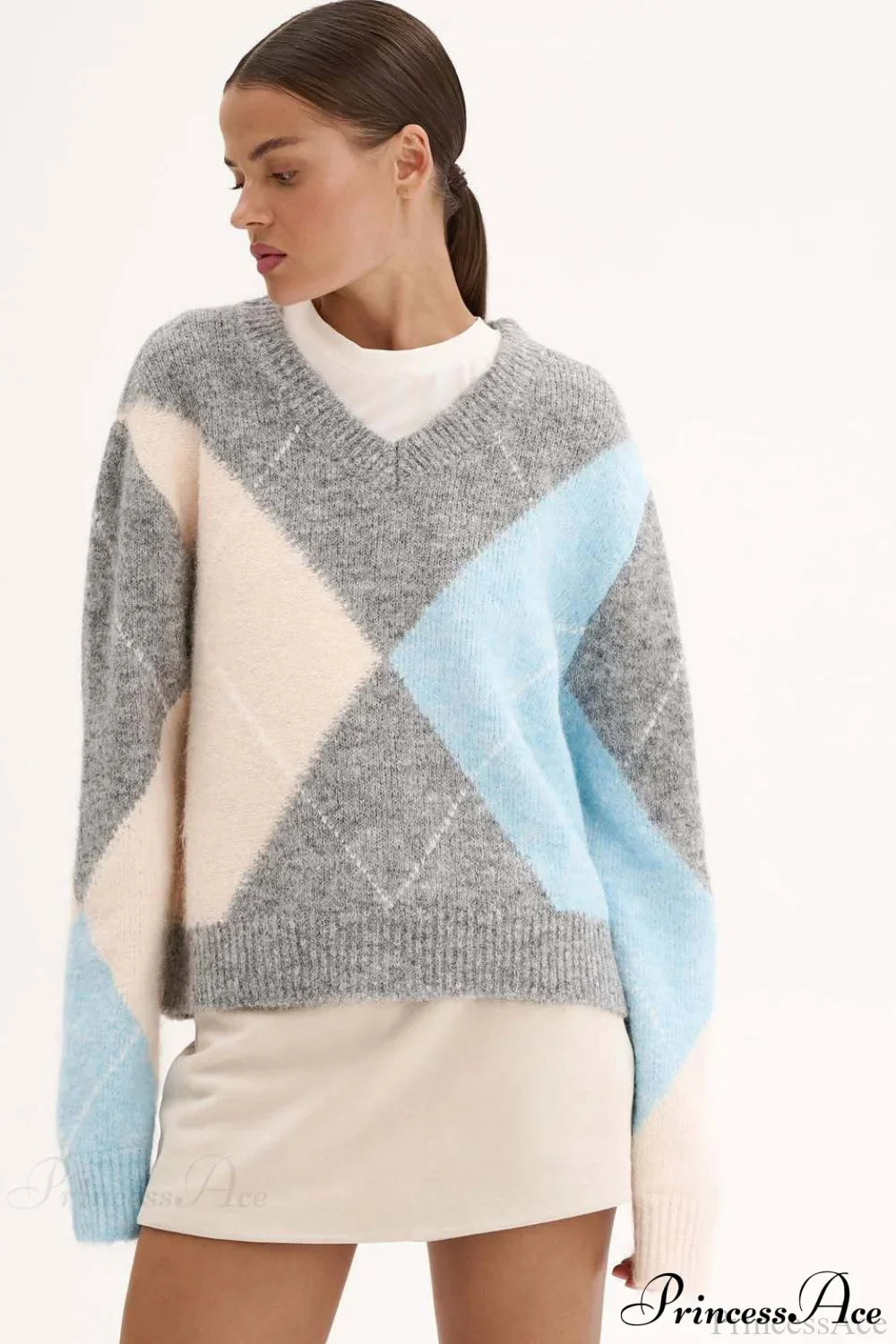 Argyle Pattern Crew Neck Pullover Long Sleeve Warm Sweater image 1