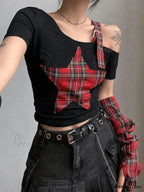 Argyll Print Crew Neck Modern Crop Tank Top - Coffee image 2