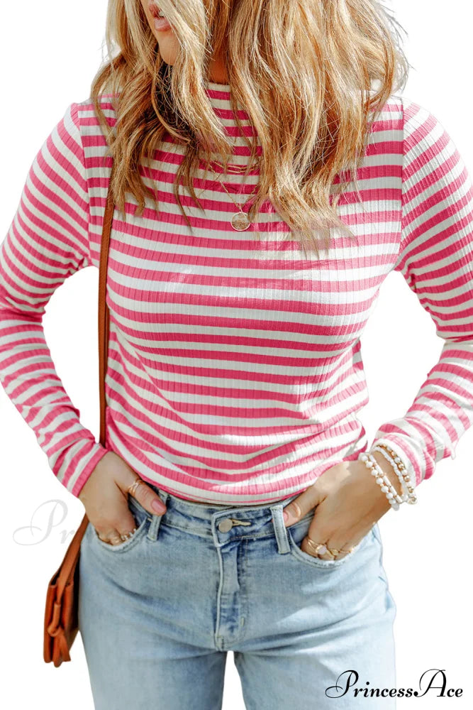 Arm Design Long Textured Pink Knit Striped Tee image 11