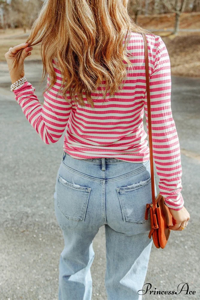 Arm Design Long Textured Pink Knit Striped Tee image 2