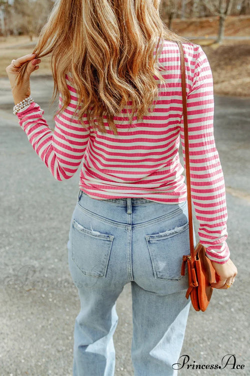 Arm Design Long Textured Pink Knit Striped Tee image 2