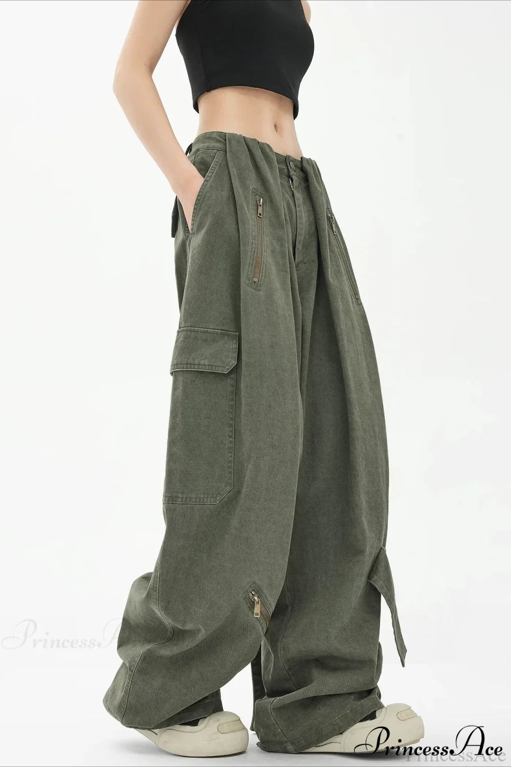 Army Green Parachute High Waist Loose Cargo Pants image 2