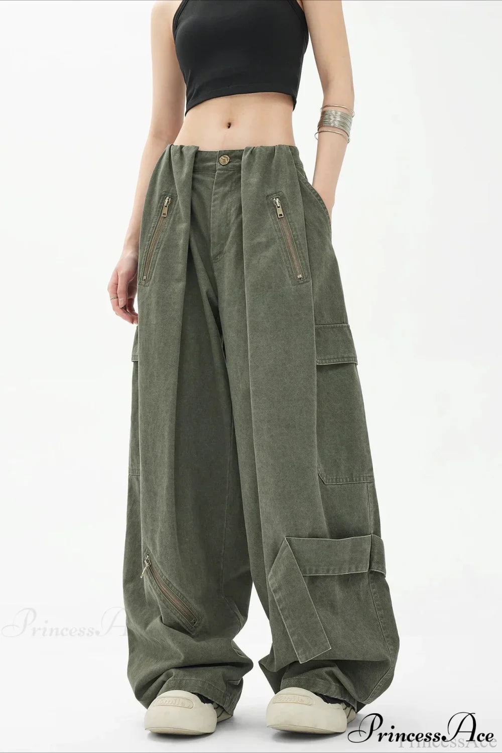Army Green Parachute High Waist Loose Cargo Pants image 4