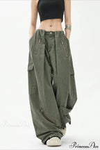 Army Green Parachute High Waist Loose Cargo Pants image 1
