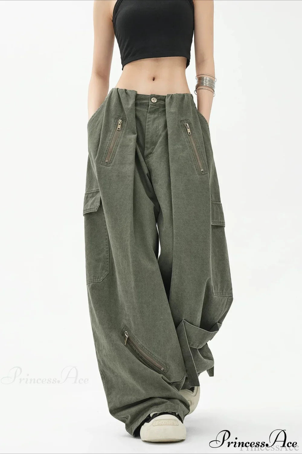 Army Green Parachute High Waist Loose Cargo Pants image 1