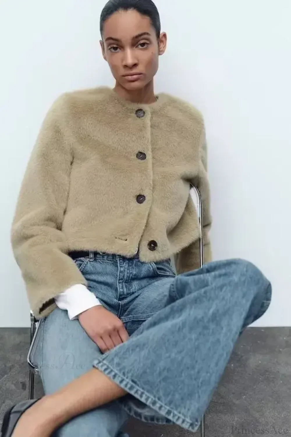 Artificial Fur Short Jacket Knit Cardigan image 1