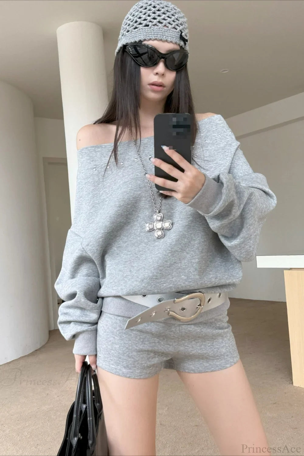 Asym Off-Shoulder Rivet Loose Sweatshirt image 11