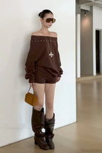 Asym Off-Shoulder Rivet Loose Sweatshirt image 3