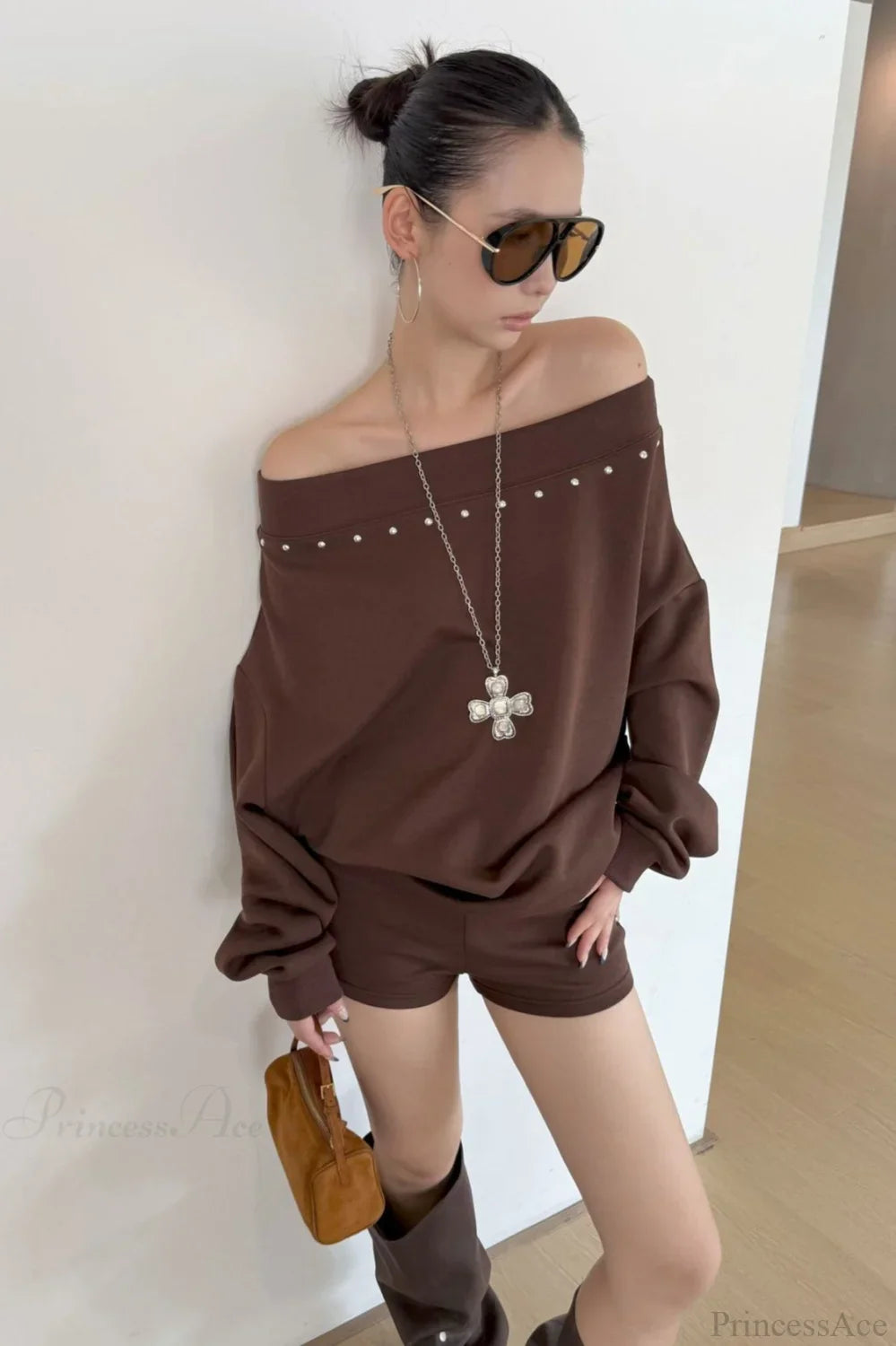 Asym Off-Shoulder Rivet Loose Sweatshirt image 1