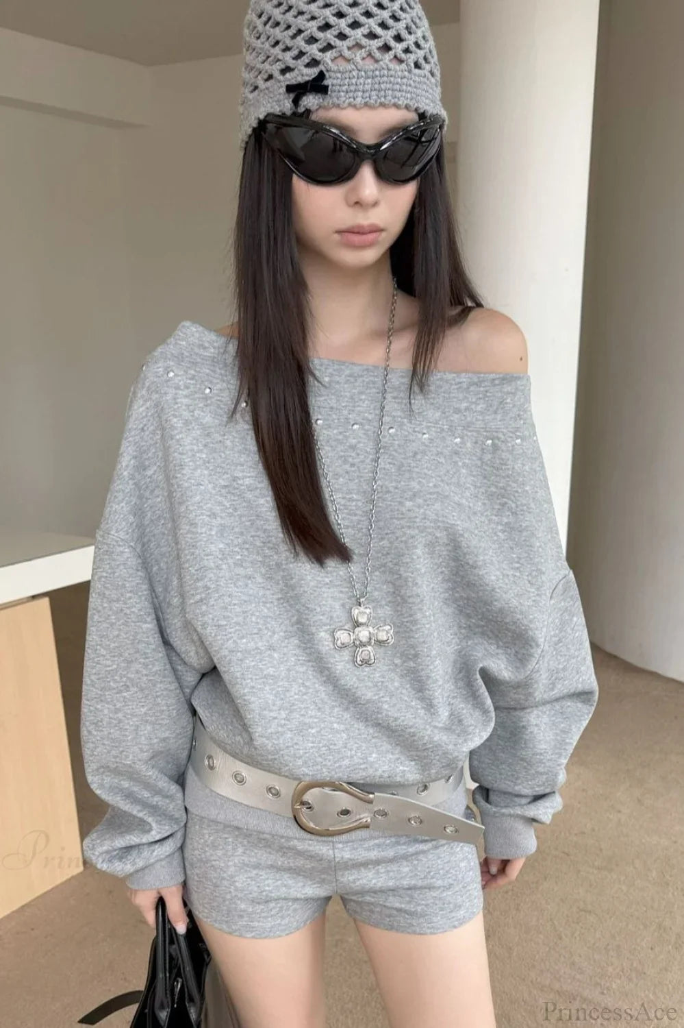 Asym Off-Shoulder Rivet Loose Sweatshirt image 9