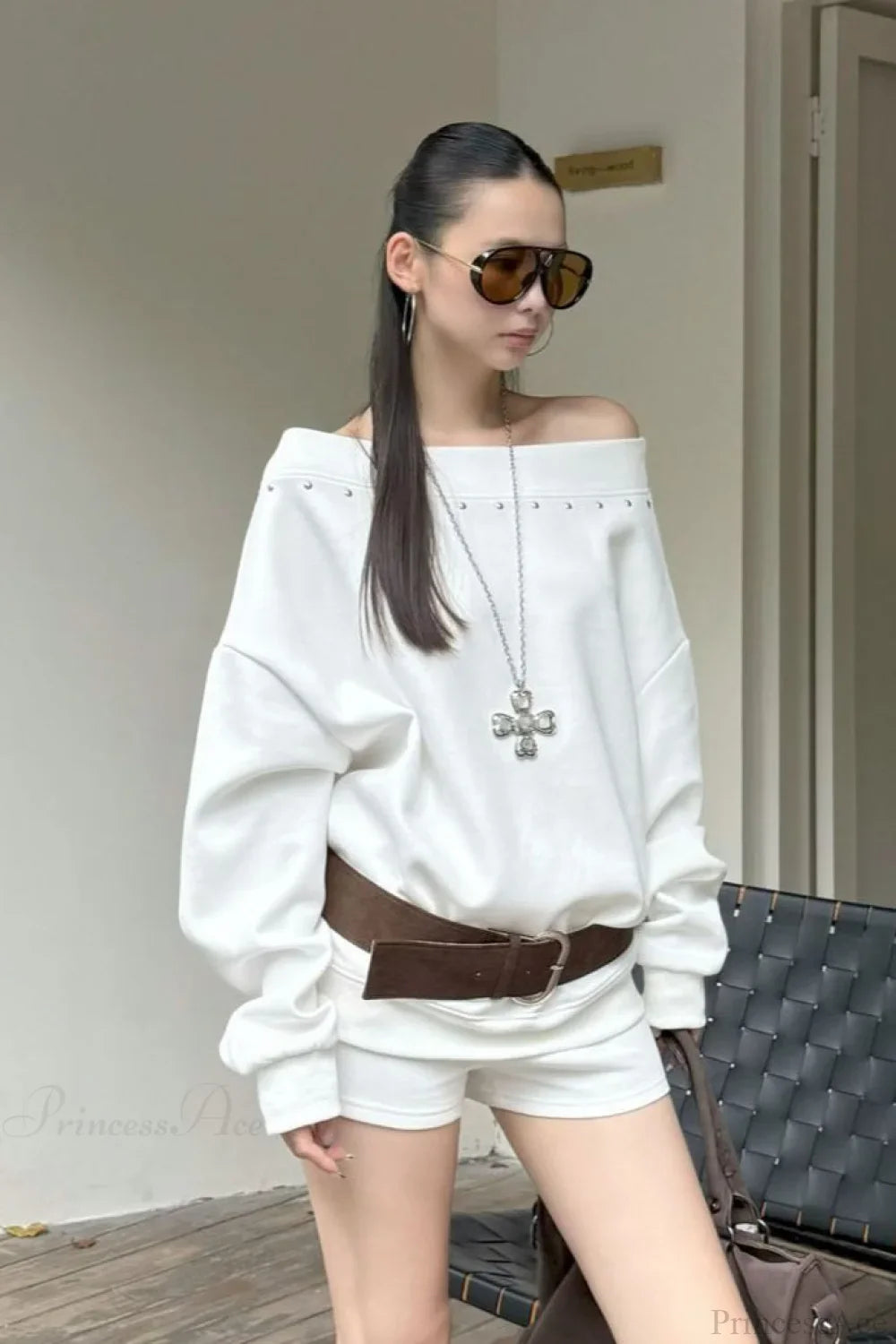 Asym Off-Shoulder Rivet Loose Sweatshirt image 6
