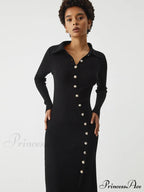 Asymmetric Button Down Long Modern Sleeve Midi Sweater Dress image 4