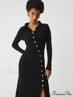 Asymmetric Button Down Long Modern Sleeve Midi Sweater Dress image 3
