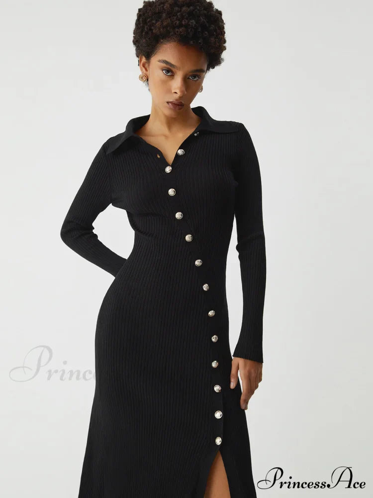 Asymmetric Button Down Long Modern Sleeve Midi Sweater Dress image 3