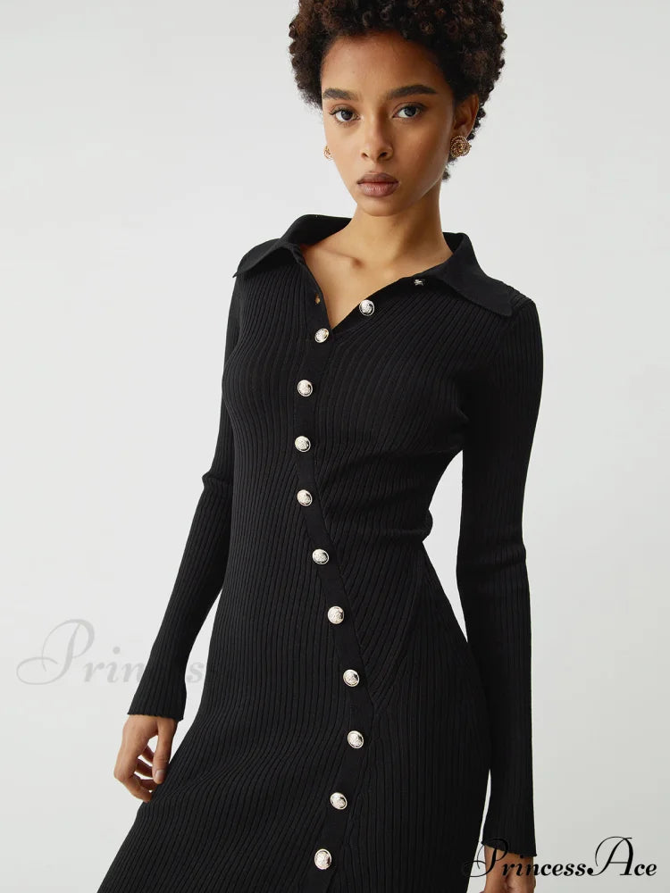 Asymmetric Button Down Long Modern Sleeve Midi Sweater Dress image 5