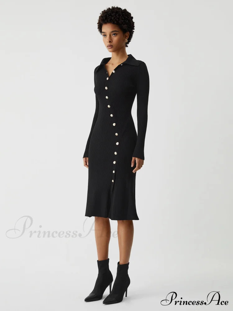 Asymmetric Button Down Long Modern Sleeve Midi Sweater Dress image 2
