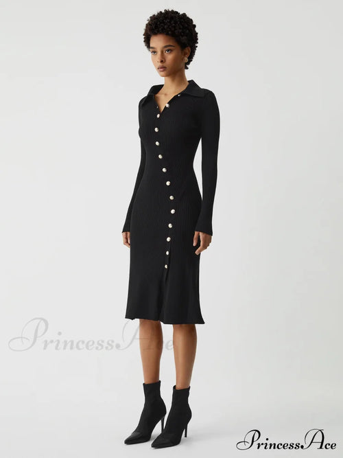 Asymmetric Button Down Long Modern Sleeve Midi Sweater Dress image 2