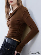 Asymmetric Neckline Ruched Trendy Long Sleeve Shirt image 2