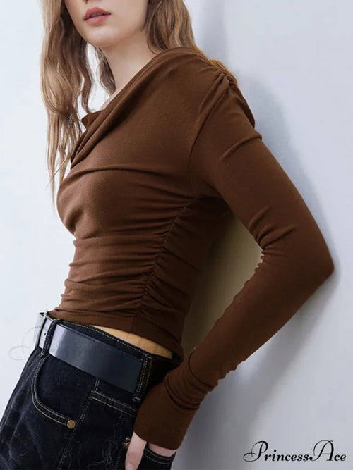 Asymmetric Neckline Ruched Trendy Long Sleeve Shirt image 2