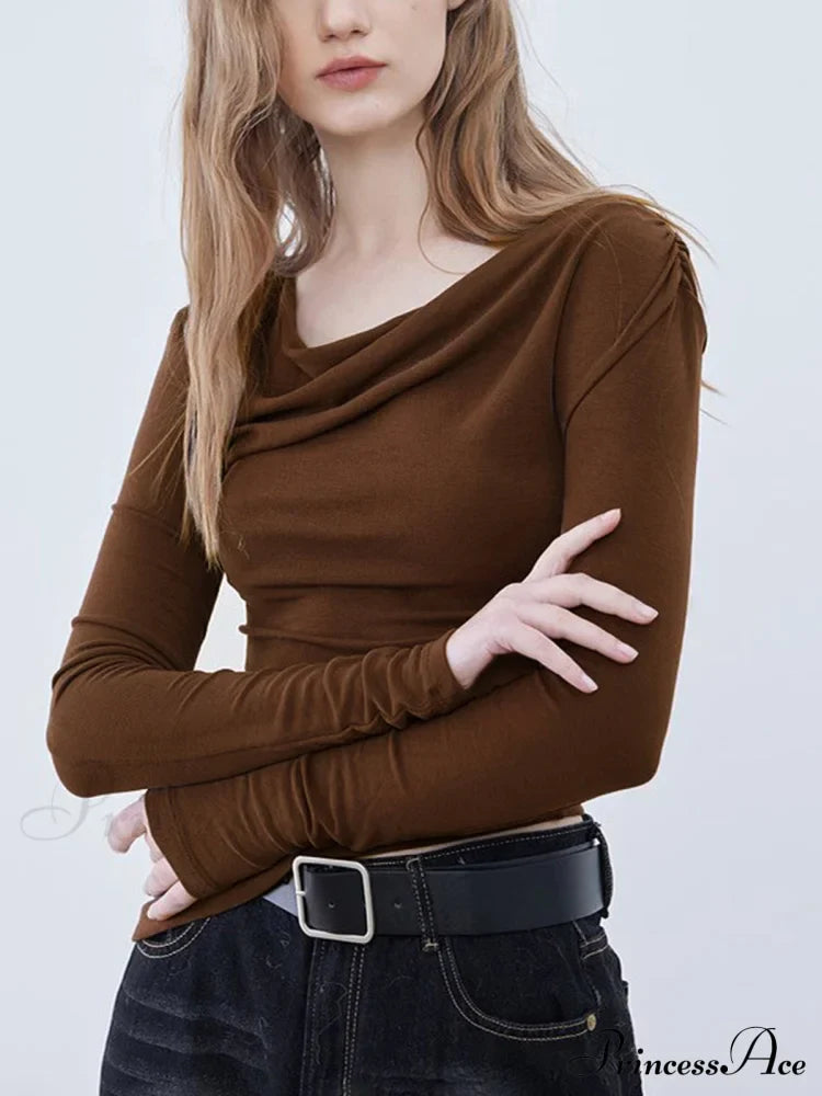 Asymmetric Neckline Ruched Trendy Long Sleeve Shirt image 3