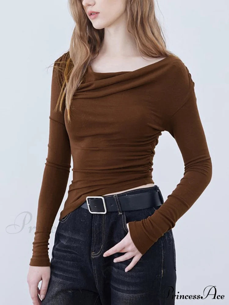 Asymmetric Neckline Ruched Trendy Long Sleeve Shirt image 4