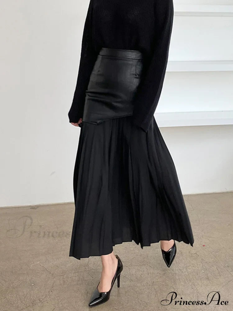 Asymmetric Patchwork Faux Leather Modern Chiffon Pleated Midi Skirt image 5