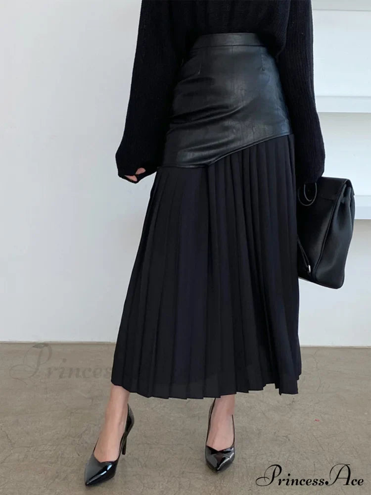 Asymmetric Patchwork Faux Leather Modern Chiffon Pleated Midi Skirt image 6