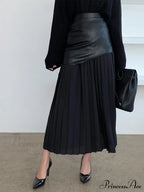 Asymmetric Patchwork Faux Leather Modern Chiffon Pleated Midi Skirt image 6
