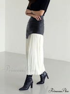 Asymmetric Patchwork Faux Leather Modern Chiffon Pleated Midi Skirt image 4