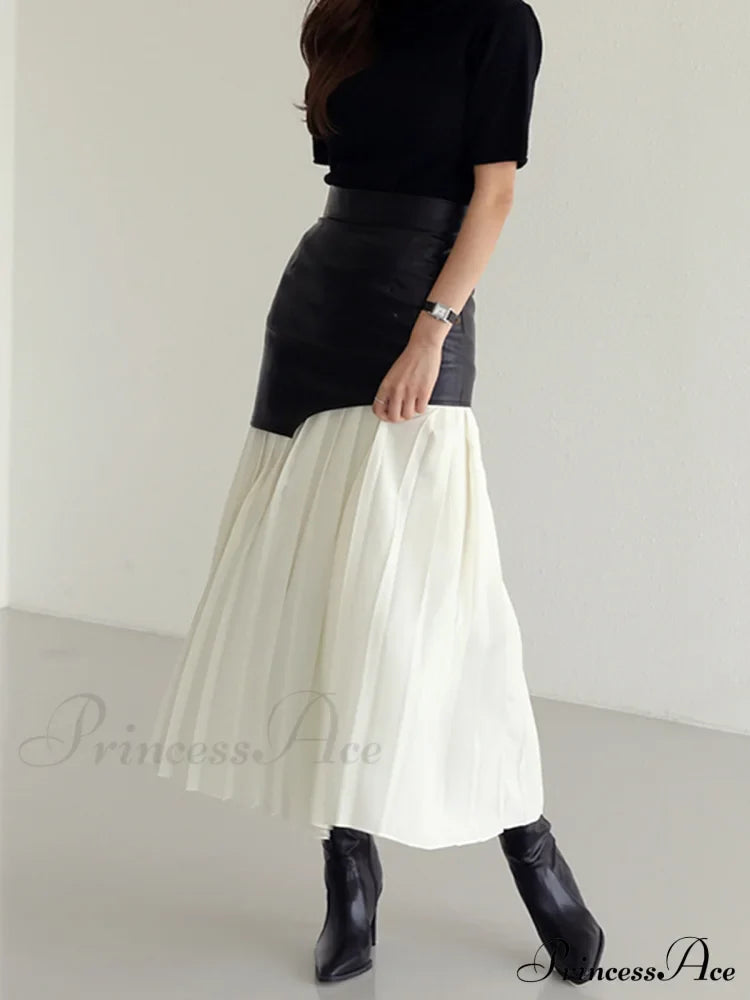 Asymmetric Patchwork Faux Leather Modern Chiffon Pleated Midi Skirt image 2
